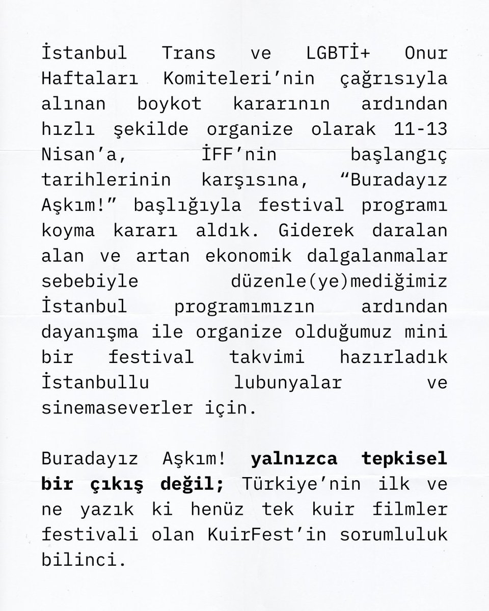 kuirfest's tweet photo. Eleştiriler değerlendirilerek program yeniden düzenlenebilir.

Geç değil.

Sorumluluk alın.

Farkında olun.
@ist_filmfest  @iksv_istanbul https://t.co/u9wZOJ5Nx3
