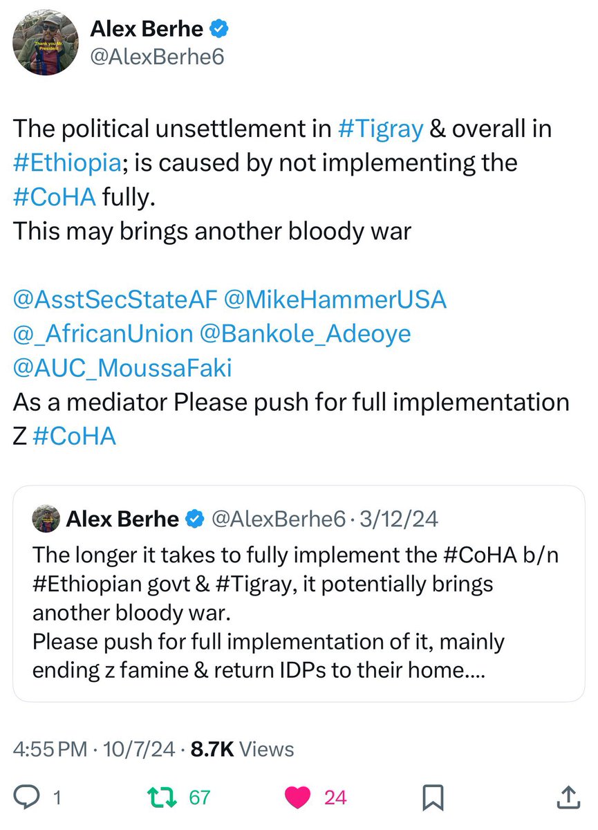 AlexBerhe6's tweet photo. @reda_getachew #WakeUpToReality
I agree with @reda_getachew
The only way out for political unsettlement in #Tigray & at large in #Ethiopia is Implementing the Pretoria Agreement fully.
#ImplementCoHA fully with TIMEFRAME❗️
@_AfricanUnion @OluObasanjo @UhuruKE @AsstSecStateAF @EU_Commission https://t.co/FnsEhVSJah