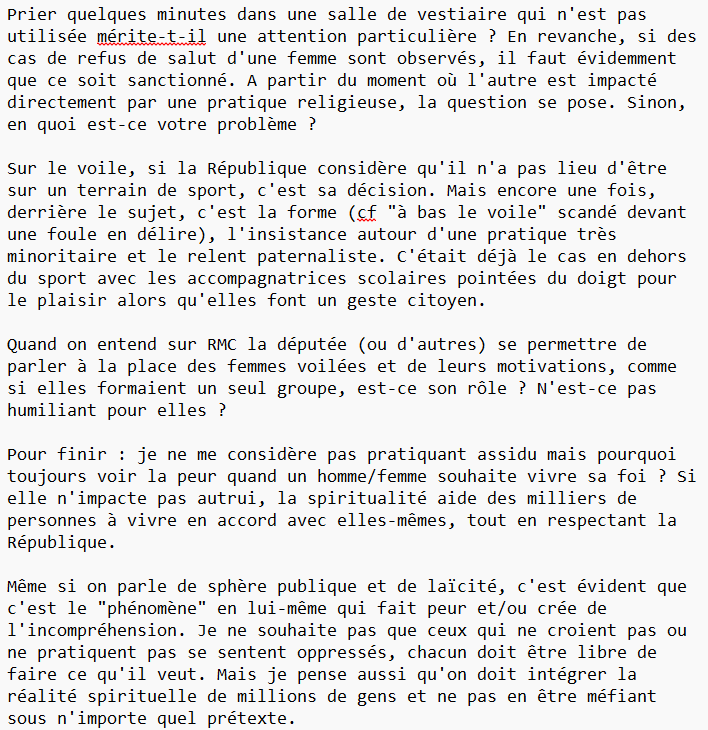___Sofiane's tweet photo. Je me suis déjà exprimé sur le sujet religieux dans le sport mais pour ma propre conscience, je vais le (re)faire en détaillant ce que je pense. Ça n'appelle aucun débat particulier car ce n'est pas le bon endroit. Mais ça m'évitera de faire des tweets par-ci par-là. https://t.co/bFv0KBXDUZ