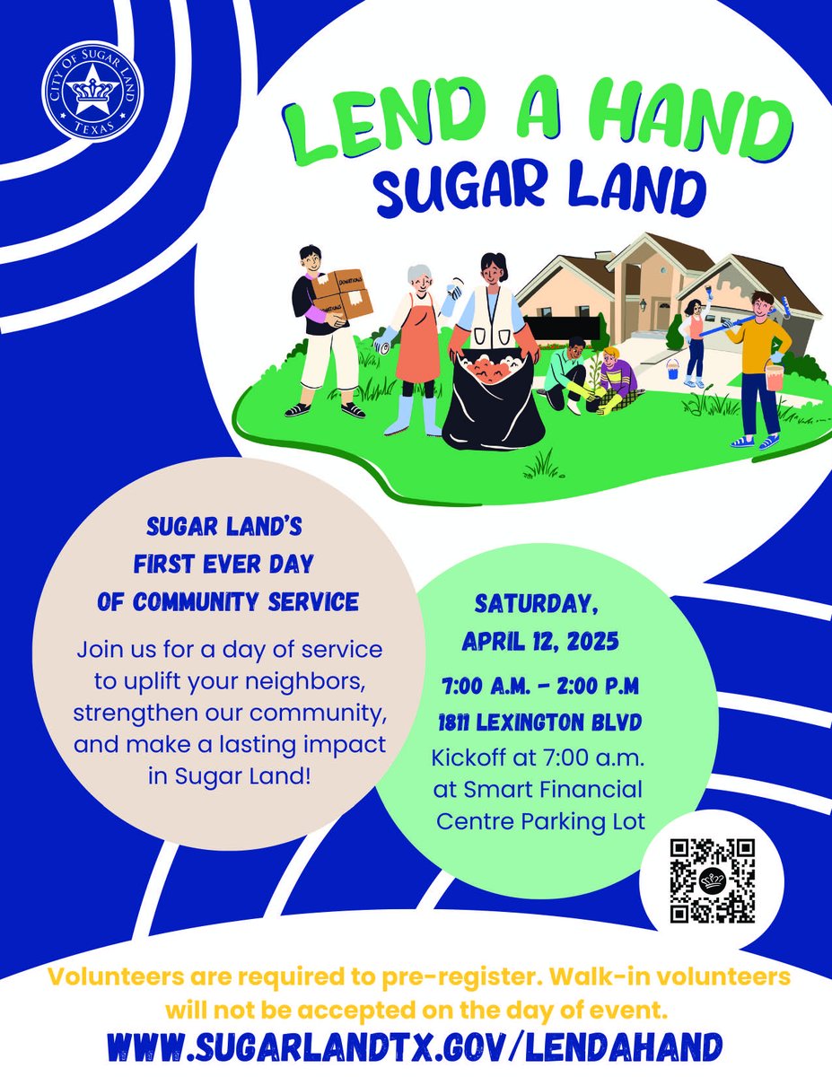 FBISDCommunity's tweet image. Looking for a way to give back? Join Lend A Hand Sugar Land, @SugarLandtxgov's first-ever Day of Community Service! 🌟 A great chance for students, families & community members to make a difference together.
📅 April 12, 2025 | ⏰ 7 AM – 2 PM
🔗 Sign up: sugarlandtx.gov/lendahand