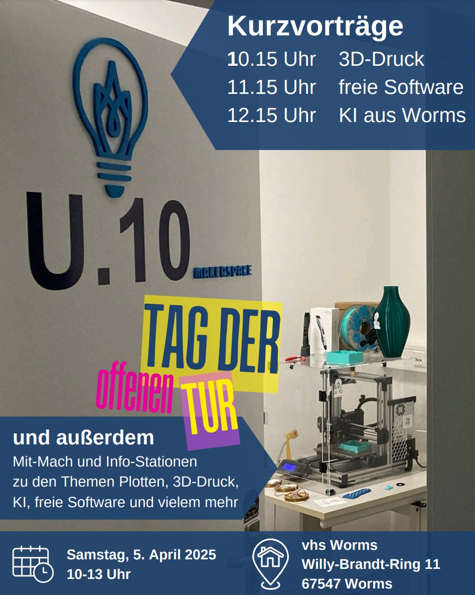 U.10 Makerspace in Worms (@u10_worms) on Twitter photo Am Samstag ist Tag der offenen Tür im Makerspace, von 10:00 bis 13:00 Uhr
Kommt vorbei und bringt Freu(n)de mit! Am Samstag ist Tag der offenen Tür im Makerspace, von 10:00 bis 13:00 Uhr
Kommt vorbei und bringt Freu(n)de mit!