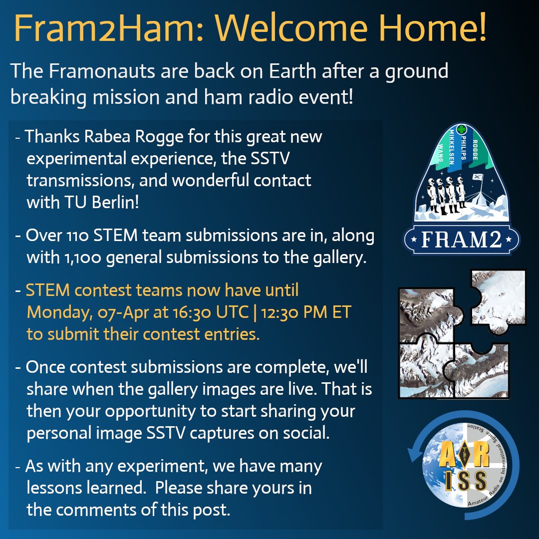 Welcome back to Earth Rabea (<a href="/rprogge/">Rabea Rogge</a>) and the other Fram2 team members. (<a href="/framonauts/">fram2</a>).
We’re taking SSTV image captures over the weekend.  Submit yours at ariss-usa.org/ARISS_SSTV/.
Continue to hold your images from SSTV for the next few days. Watch for an all-clear next week.