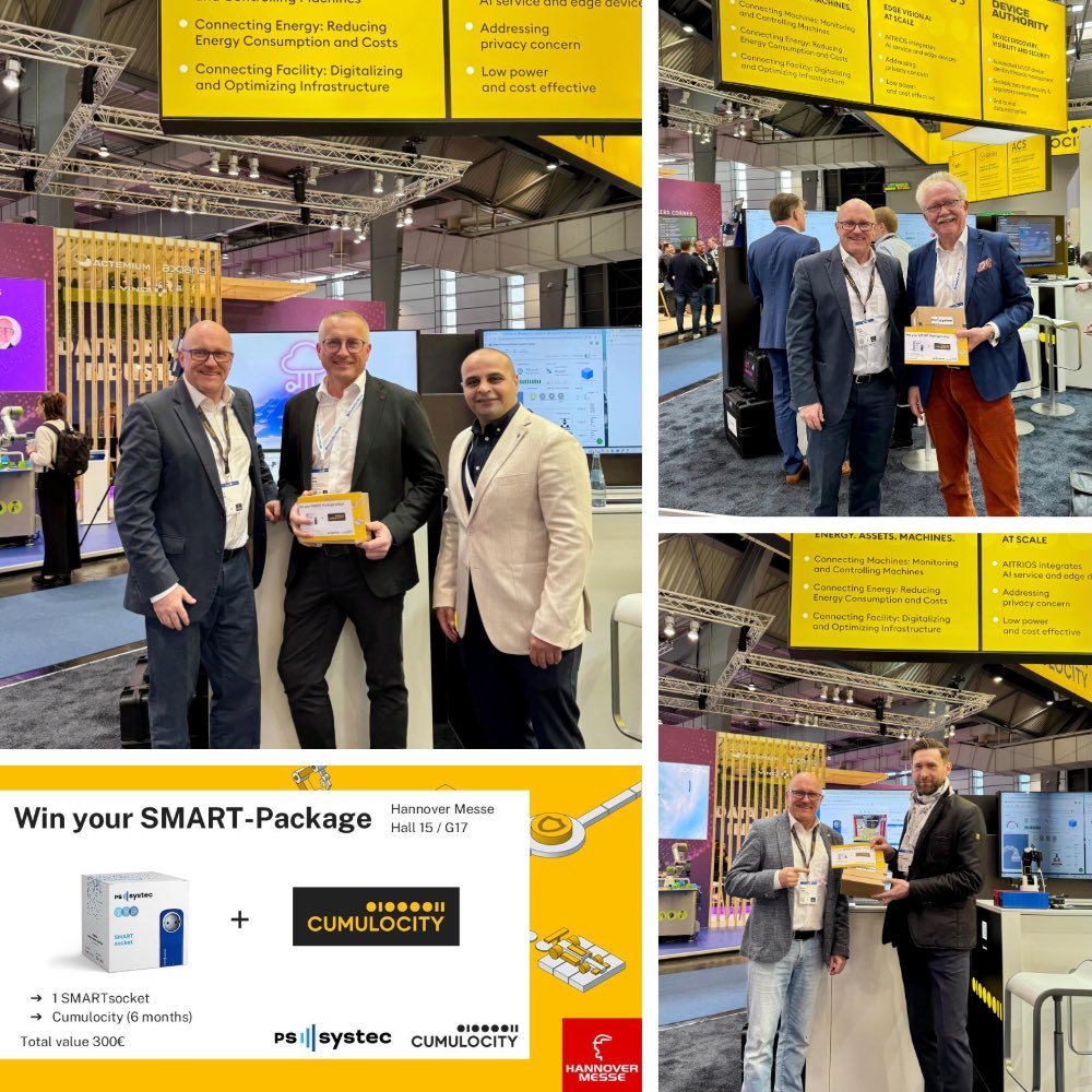 PSsystec's tweet image. That’s a wrap at #HM25!
Together with @Cumulocity, we gave away 3 SMART-Packages incl. #SMARTsocket, IoT access &amp;amp; cellular.

Congrats to:
Hans Werner Eirich (speedikon)
Jens Lang (WIKA)
Artur Mroczkowski (Etteplan)

Big thanks to Horst &amp;amp; Baktash!

#PSsystec #SMARTbox #IoT