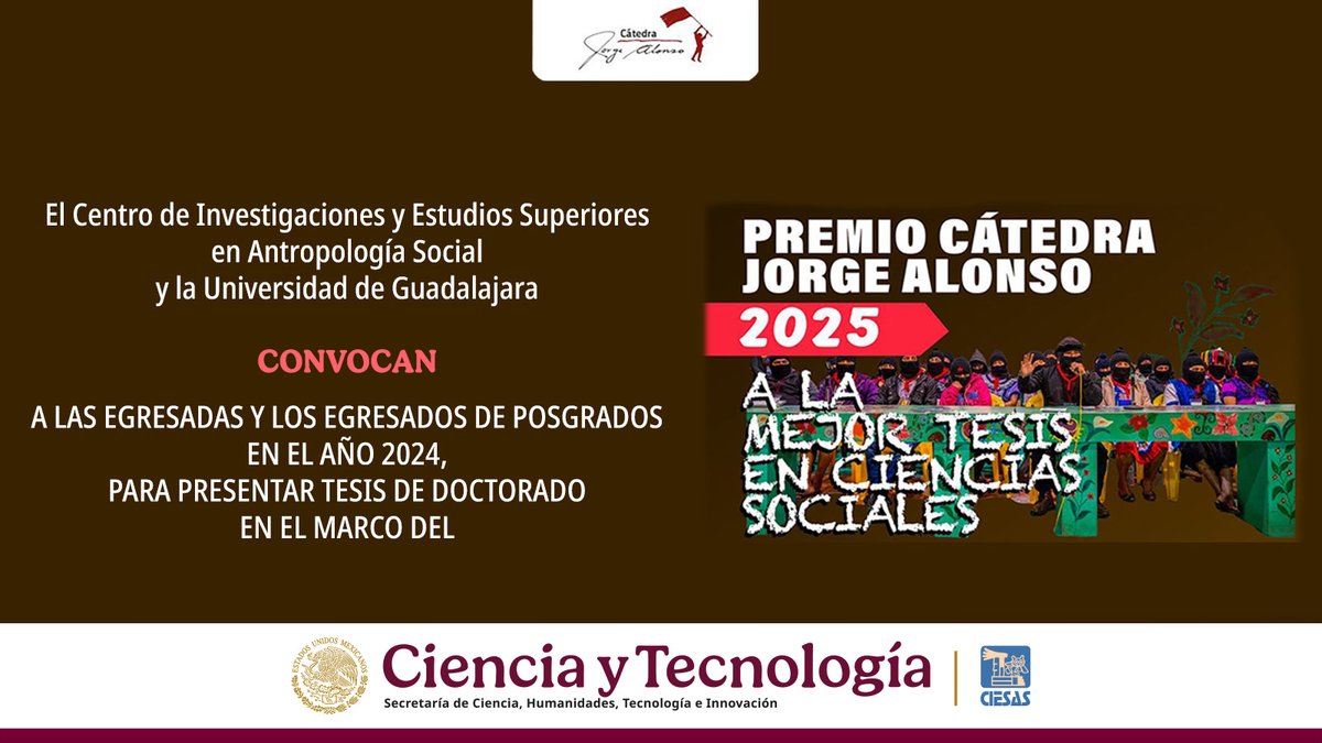 Desde su creación en 2012, la <a href="/catedraalonso/">Cátedra Jorge Alonso</a> impulsa investigaciones sobre los movimientos sociales anticapitalistas.
Participa en la convocatoria por el Premio Cátedra Jorge Alonso a la Mejor Tesis de Doctorado en Ciencias Sociales📲bit.ly/CatedraAlonso2…
Cierra el 11 de abril.