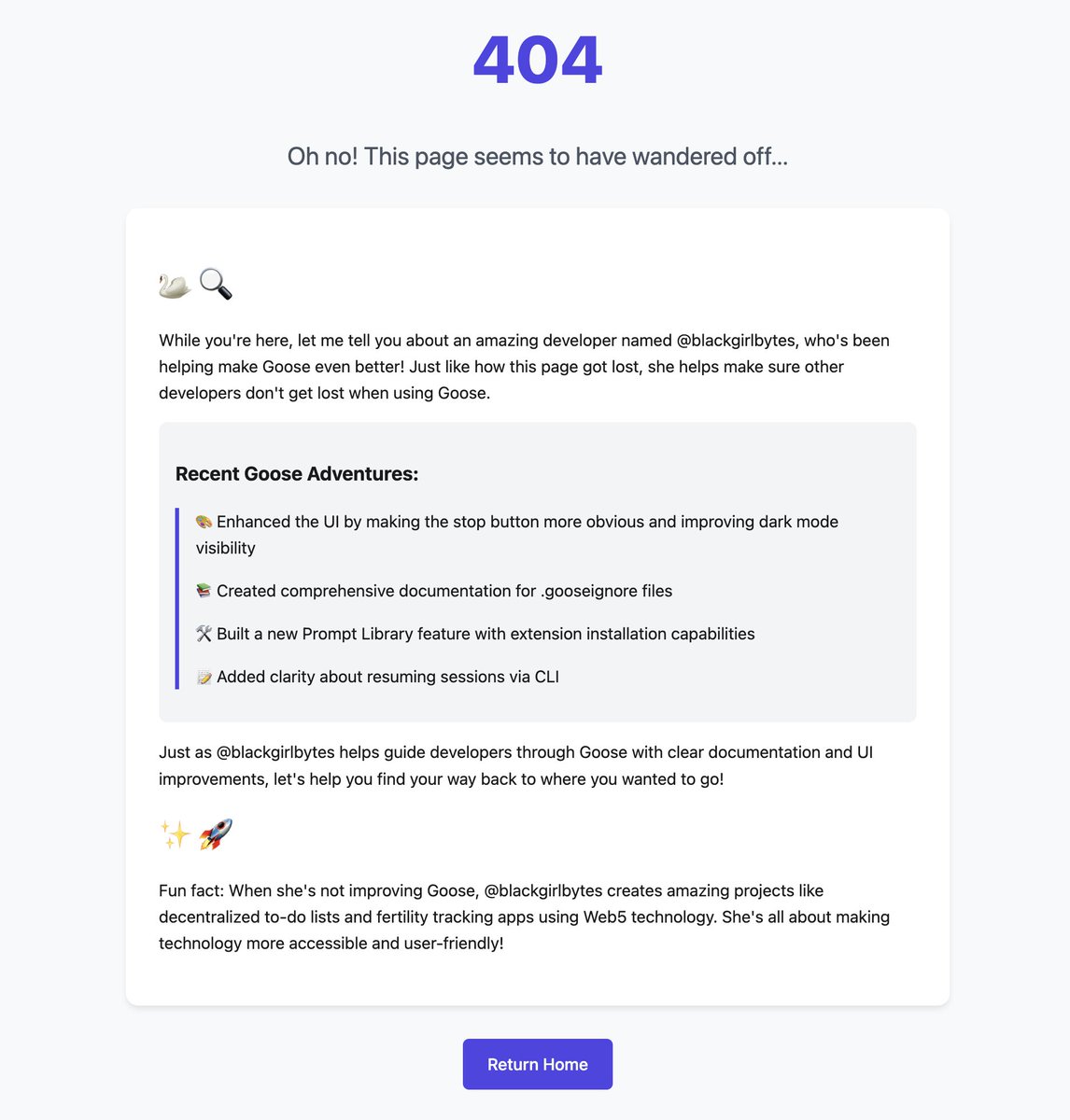 goose_oss's tweet photo. Happy 404 Day! 🎉 

We used Goose to generate a custom 404 page based on real GitHub activity. 

 ✨ Here's the results ✨ https://t.co/nEI9wTVtFg