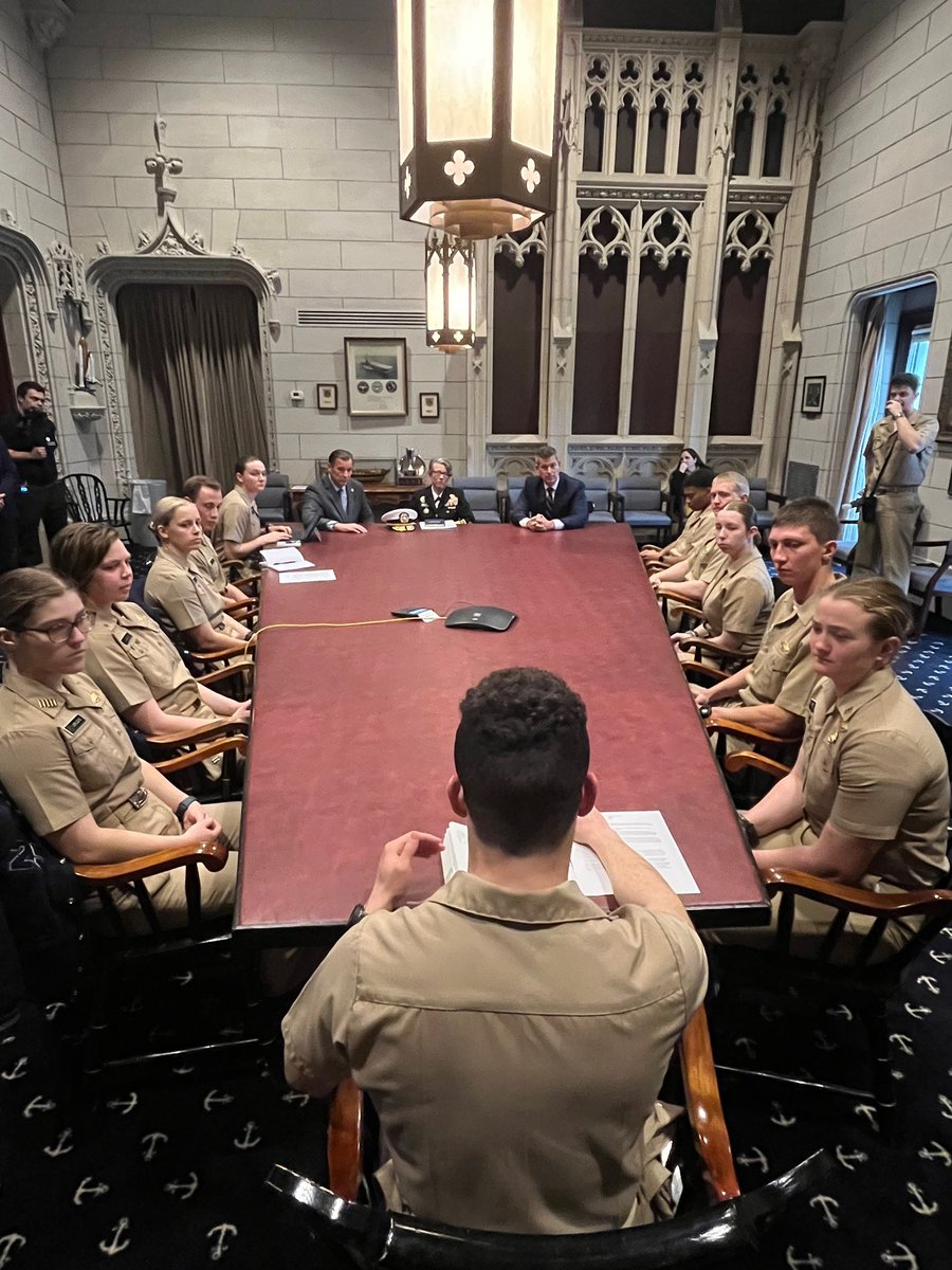 SecDuffy's tweet photo. It was a privilege to meet with the dedicated midshipmen and staff of @Usmmao. The Academy is home to incredible young leaders whose spirit and passion are unmatched.

But for far too long, the needs of the campus and these young patriots have been neglected.

No more. @USDOT will fight to revitalize @Usmmao. Our midshipmen deserve nothing less.