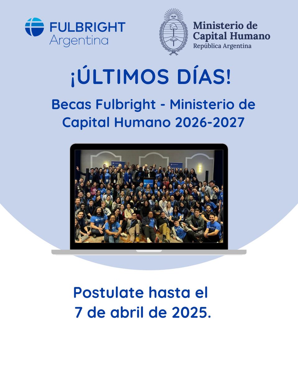 Quedan pocos días para enviar la documentación para la beca Fulbright-Ministerio de Capital Humano 2026 para posgrados en EE.UU!
Ingresá a la convocatoria:shorturl.at/Dyng0