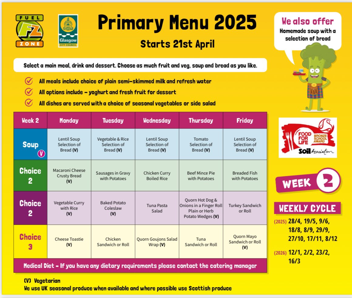 PirieParkPS's tweet photo. The @FuelZoneGlasgow menu changes next term 👇🏻 Have a look below to see the new meals on offer after the holidays 😋 please remember to pick your lunches before you come to school 👍#partnership #fuelforlearning https://t.co/9BZBhc1Sx7