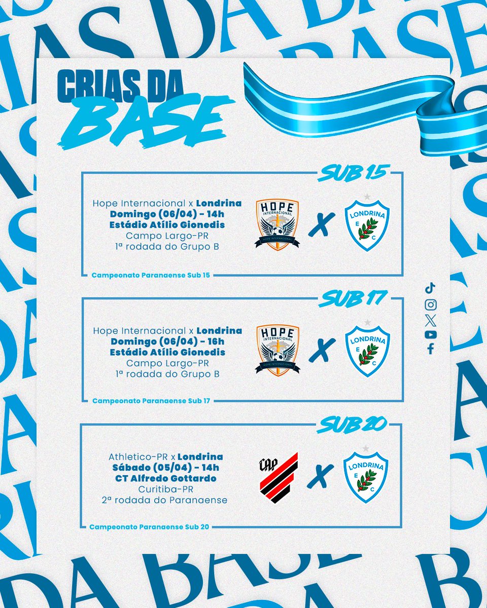 LondrinaEC's tweet photo. 🦈⚽ CRIAS DA BASE! Neste final de semana, as nossas categorias sub-15, sub-17 e sub-20 entram em campo pelo Campeonato Paranaense! 

#VamosPraCimaTubarão #LondrinaEC #LEC #CriasdaBase https://t.co/2g5RjaGeQx