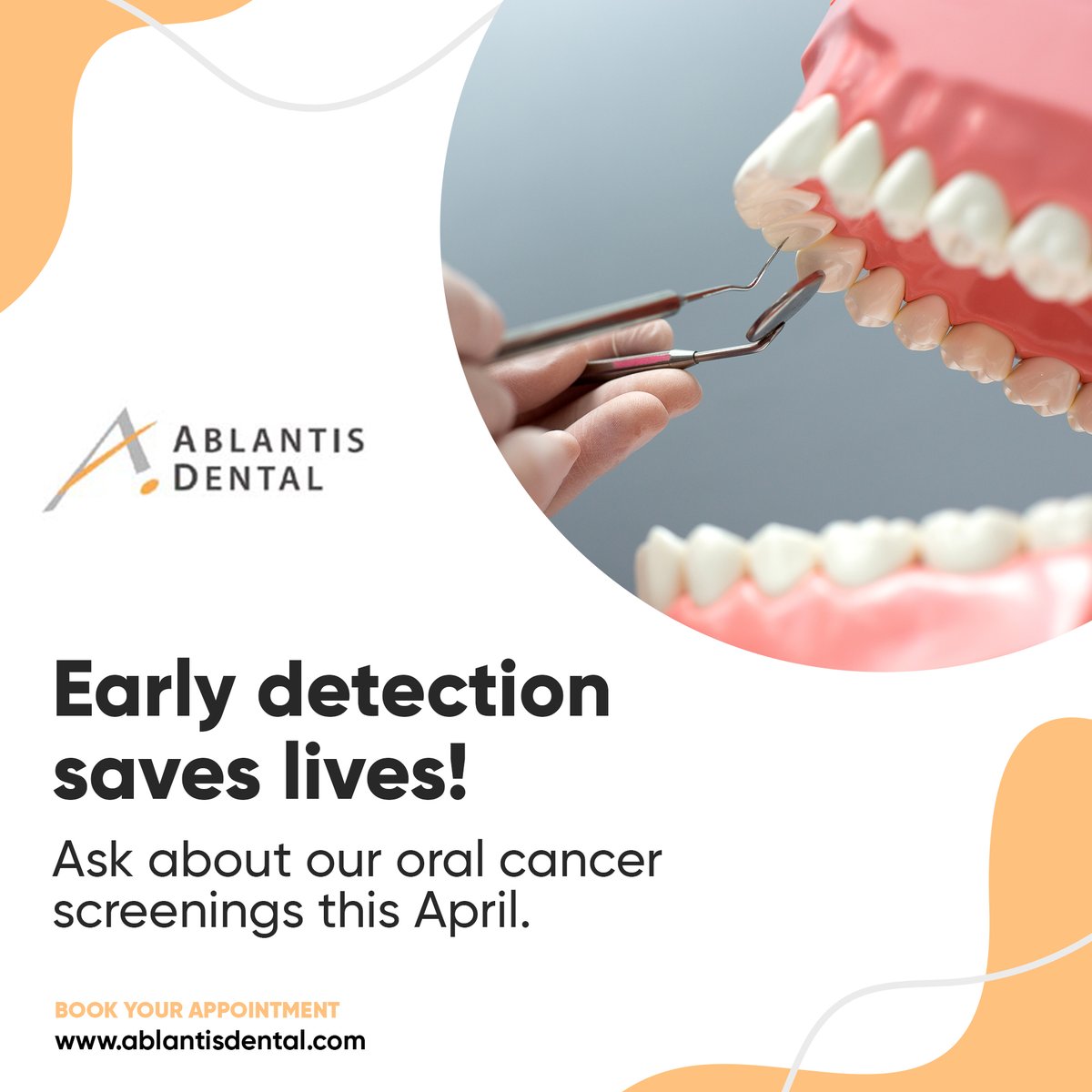 Ablantiscorp's tweet photo. April is Oral Cancer Awareness Month. Early detection saves lives, and at Ablantis Dental, we provide thorough oral cancer screenings during your routine exams.

If you notice persistent sores, difficulty swallowing, or any unusual symptoms, schedule a visit immediately. https://t.co/yRVbe5Ob2Q