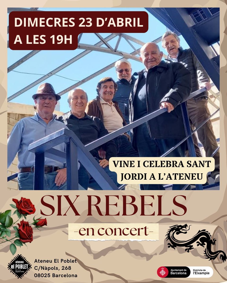 ⚫Dimecres 23 d’abril de 19:00 a 20:00 h, Concert de Sant Jordi. Six Rebels.
Aquest any, per Sant Jordi, ho volem celebrar amb música. Six Rebels en defineixen com a joves del segle passat que toquen la música que més els agrada, música dels anys 60, 70, 80.