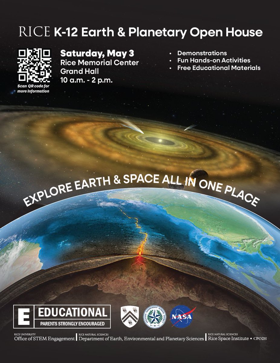 EEPS, Rice Space Sciences and R-STEM, hope you will join us, in one month, on Saturday, May 3rd for an educational open house that is free and for all ages. 

📍Grand Hall, Rice University 
🕐 Saturday, May 3rd, 10 am - 2 pm 
🚗 Rice Central campus Garage &amp; N Annex Lot