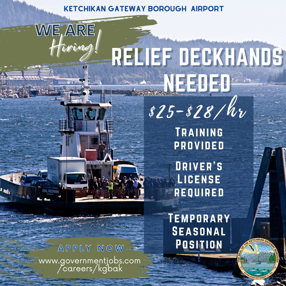 🚢 Did you know training is available for this Borough position?

We're hiring Casual Relief Deckhands for the ferry!

👉 Apply now or learn more at governmentjobs.com/careers/kgbak

#KetchikanJobs #FerryCrew #NowHiring #AlaskaJobs #DeckhandLife