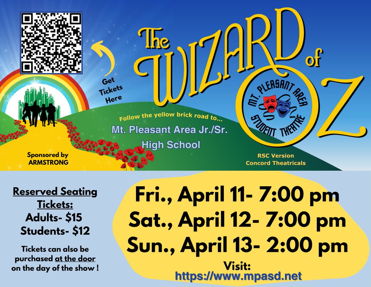 Mt Pleasant Junior and Senior High School present The Wizard of Oz! ✨ 

Follow the yellow brick road and embark on a spectacular journey to Oz! Join your favorite characters and sing along to the classic songs you love April 11-13.

Get your tickets: bit.ly/3Ryv1LB