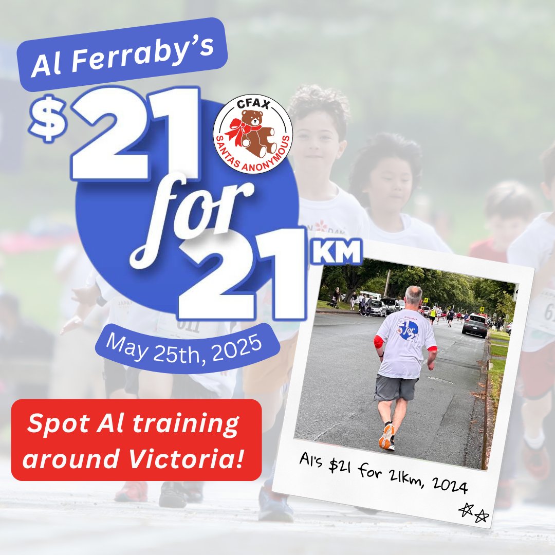 🏃‍♂️ Spot Al on the Run for a Great Cause! 🏃‍♂️‍➡️

Al’s gearing up for the Oak Bay Half Marathon on May 25th! 👀 Think you can spot him training around Victoria? Snap a pic, tag us, and cheer him on! Head to cfaxsantas.com to learn how you can help! 🙌

#OakBayHalfMarathon