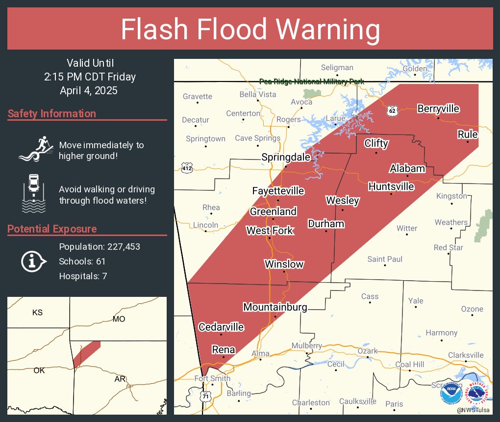 Flash Flood Warning continues for Fayetteville AR, Springdale AR and  Farmington AR until 2:15 PM CDT