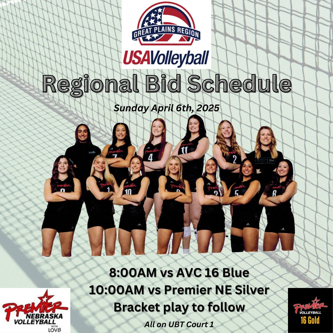 Premier 16 Gold (@premier16_g) on Twitter photo Here is our updated schedule for the <a href="/GreatPlainsVB/">Great Plains Volleyball</a> Bid Tournament this Sunday. <a href="/Premier_VB/">Premier Nebraska VB</a>
#BetterTogether #PremierProud #GetIt Here is our updated schedule for the <a href="/GreatPlainsVB/">Great Plains Volleyball</a> Bid Tournament this Sunday. <a href="/Premier_VB/">Premier Nebraska VB</a>
#BetterTogether #PremierProud #GetIt