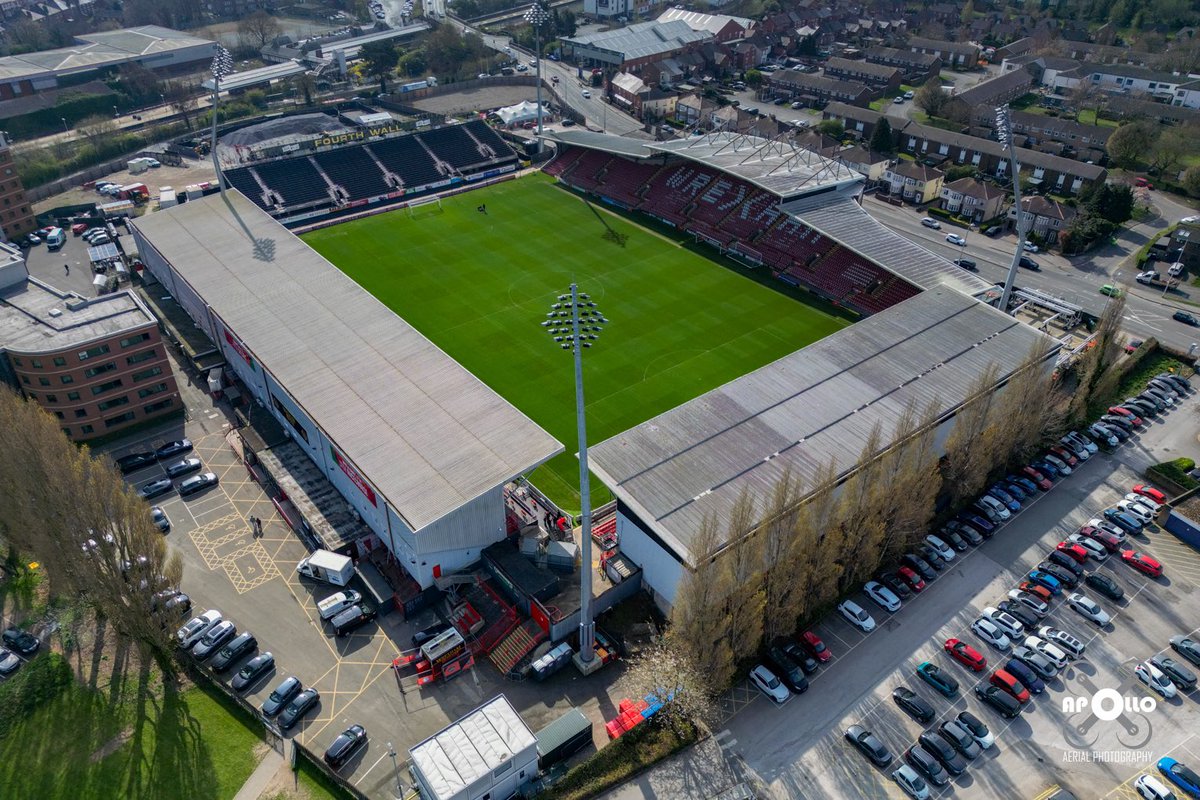 Apolloaerial's tweet photo. The #Racecourse Ground home of @Wrexham_AFC and a piece of football history. The oldest international ground in the world. @WrexhamFX @WrexhamAFCWomen @VancityReynolds #WAFC #wrexham #footballstadiums #dronephotography https://t.co/sT8tNuPQVd