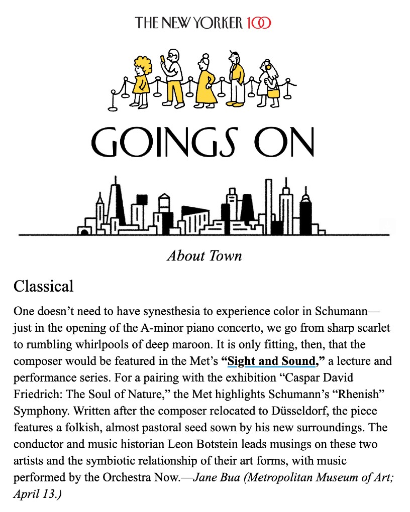 The Orchestra Now (@theorchnow) on Twitter photo Our April 13 concert at <a href="/metmuseum/">The Metropolitan Museum of Art</a> is a critics' pick in this week's Goings On About Town in <a href="/NewYorker/">The New Yorker</a>! Join us as we examine the relationship between nature and the human soul with music by Schumann & artwork by Caspar David Friedrich. Tickets & info at ton.bard.edu/events/nature/ Our April 13 concert at <a href="/metmuseum/">The Metropolitan Museum of Art</a> is a critics' pick in this week's Goings On About Town in <a href="/NewYorker/">The New Yorker</a>! Join us as we examine the relationship between nature and the human soul with music by Schumann & artwork by Caspar David Friedrich. Tickets & info at ton.bard.edu/events/nature/