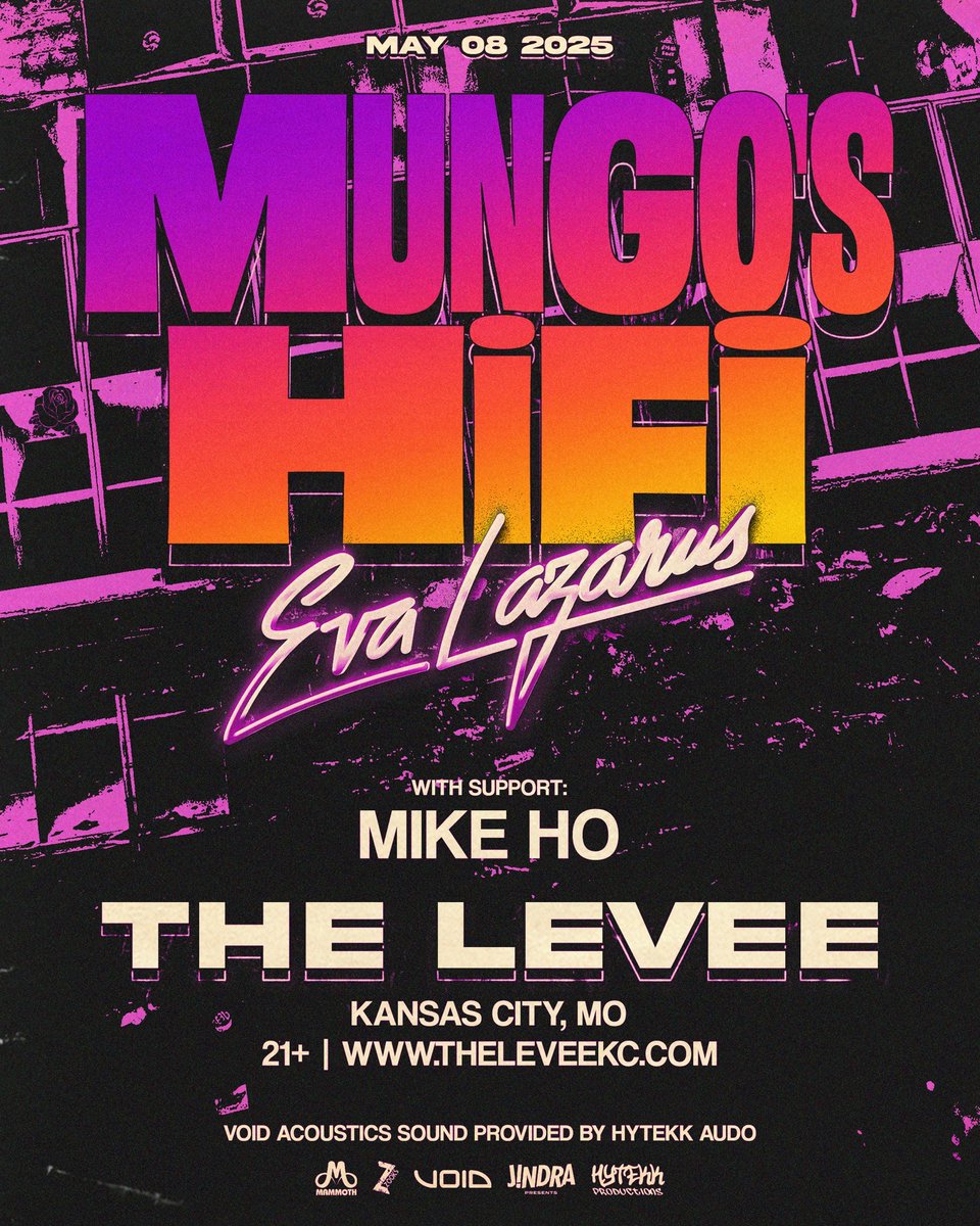 ZOOKSProduction's tweet image. 🚨 Just Announced! 🚨
.
Join us for an evening with Mungo&apos;s HiFi w/ Eva Lazarus at The Levee on May 8th! ✨ 
.
Support by Mike Ho! 🌹
. 
Void Acoustics Sound Provided by Hytekk Audio! 🔊
.
Tickets: bit.ly/MungosHifiKC 🎟