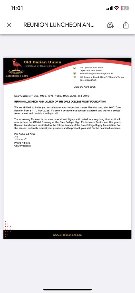 Join us for the Dale College Reunion Luncheon a celebration of brotherhood and tradition
We will also be launching the Dale College Rugby foundation.
Date: Friday 9 May
Time: 13:00
Venue: War Memorial Hall 
Enjoy a lovely meal and drinks while you reconnect and reminisce