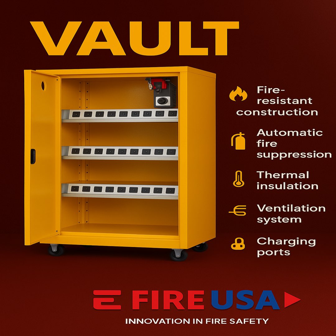 🔥 Introducing the Vault by E Fire USA 

A fire-resistant charging cabinet designed to help stop lithium-ion battery fires before they start.
Because in our world, “There is never enough fire protection.”
#FireSafety #BatteryStorage #EFireUSA #Innovation

efireusa.com