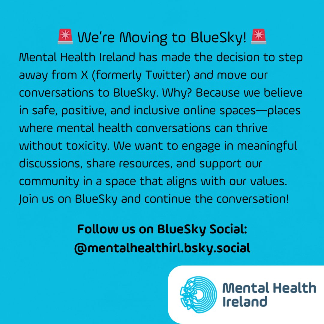🚨 We’re Moving to BlueSky! 🚨
Mental Health Ireland has made the decision to step away from X (formerly Twitter) and move our conversations to BlueSky. Join us on BlueSky and continue the conversation! bsky.app/profile/mental…