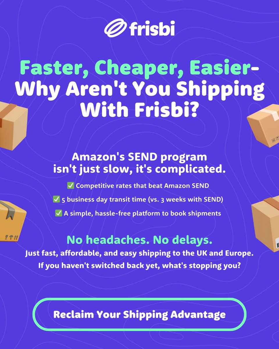 frisbi_global's tweet image. Faster, cheaper, easier shipping to the UK &amp;amp; EU—why are you still using Amazon SEND?

Switch to Frisbi for speed, simplicity, and savings. No delays, no hassle—just better shipping. 

#ShipSmart #Frisbi