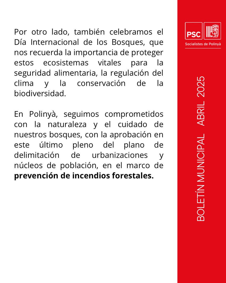 📰🗣️Article d’opinió del mes d’abril de 2025 del grup municipal del #PSC en el butlletí municipal La Bomba.

“DÍA MUNDIAL DEL AGUA Y LOS BOSQUES”

#polinyà