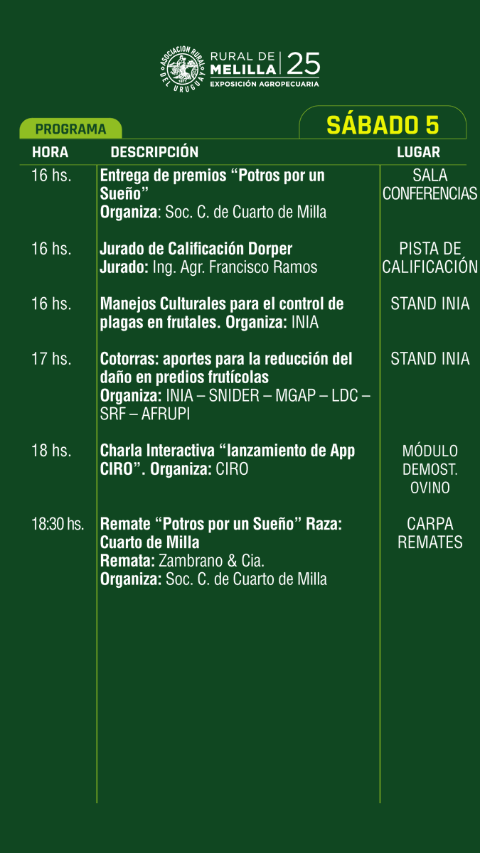 SÁBADO ¡Un día para disfrutar en familia en Rural de Melilla! 
Vení a vivir un sábado diferente en la Rural de Melilla.
Te dejamos algunas de las actividades destacadas.
Rural de Melilla 
Exposición Agropecuaria
3 al 6 de Abril de 2025
expomelilla.com.uy