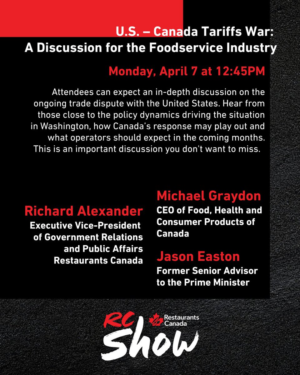 Jason Easton (@eastonj) on Twitter photo Looking forward to chatting 🇨🇦🇺🇸 tariffs with <a href="/RAlexanderRC/">Richard Alexander</a> and MGraydon_FHCP at the <a href="/RestaurantsCA/">Restaurants Canada</a> show on Monday! Come join us! rcshow.com/tickets/
#cdnpoli Looking forward to chatting 🇨🇦🇺🇸 tariffs with <a href="/RAlexanderRC/">Richard Alexander</a> and MGraydon_FHCP at the <a href="/RestaurantsCA/">Restaurants Canada</a> show on Monday! Come join us! rcshow.com/tickets/
#cdnpoli