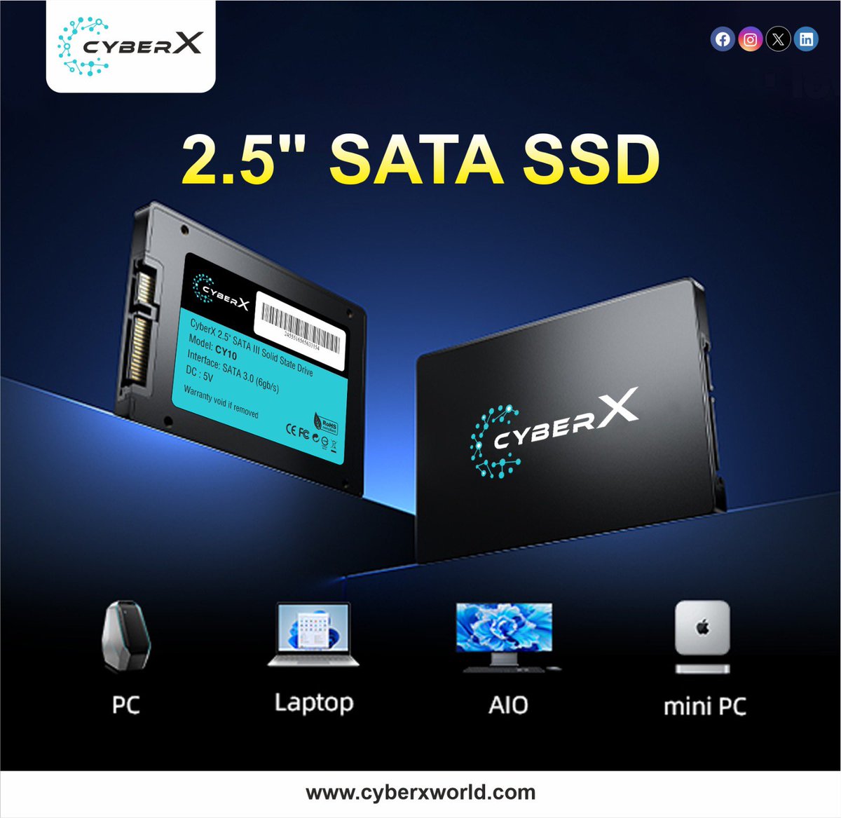 _CyberxWorld's tweet image. Speed up your system in seconds with the CyberX 2.5" SATA SSD Boost performance and reliability today.
#CyberX #SSDUpgrade #FasterPerformance #TechUpgrade