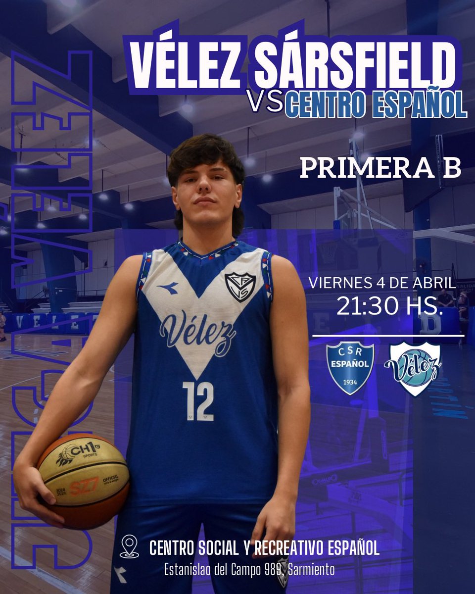 ¡JUEGA VÉLEZ!  - FECHA 4
⛹🏽‍♂️ MASCULINO PRIMERA B

¡VENÍ A ALENTAR! 

🗓️ Viernes 4 de Abril - 21:30 Hs. 
🏀 Centro Español vs Vélez 
🏟️ Centro Social y Recreativo Español 
📍 Estanislao del Campo 989, Sarmiento 

#juegavelez #basquet #vélez