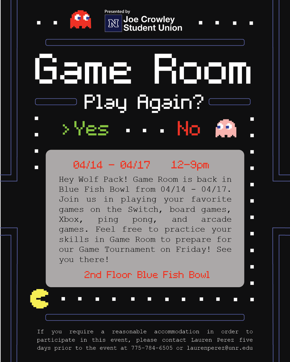 Ready, set, go! Join us for our last Game Room of the semester and prepare for the Game Tournament on Friday 04/18. Bring your friends and take a break from your classes. Play Overcook, Jackbox, and all the other games we have to offer! Can't wait to see you there Wolf Pack.