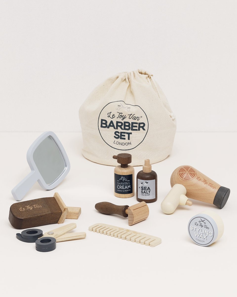 Introducing our exquisite Wooden Barber Set 💈 Featuring a comb, hairdryer, scissors, mirror, clippers with magnetic blades, vintage-style razor, shaving foam, styling wax, sea salt spray and drawstring bag 💇

#barber #roleplay #toy #grooming #woodentoys #play #pretendplay #kids