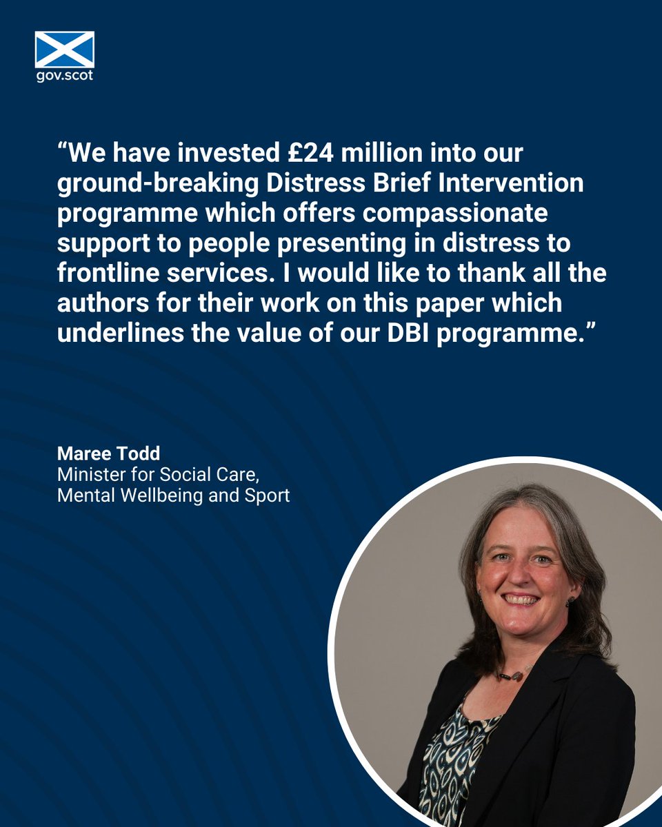 Scot Gov Health (@scotgovhealth) on Twitter photo For seven years the <a href="/scotgov/">Scottish Government</a> Distress Brief Intervention service has provided fast support to people presenting to emergency services or primary care settings in a distressed state. The programme’s positive impact is assessed in a new academic paper.
➡️bit.ly/-DBI For seven years the <a href="/scotgov/">Scottish Government</a> Distress Brief Intervention service has provided fast support to people presenting to emergency services or primary care settings in a distressed state. The programme’s positive impact is assessed in a new academic paper.
➡️bit.ly/-DBI