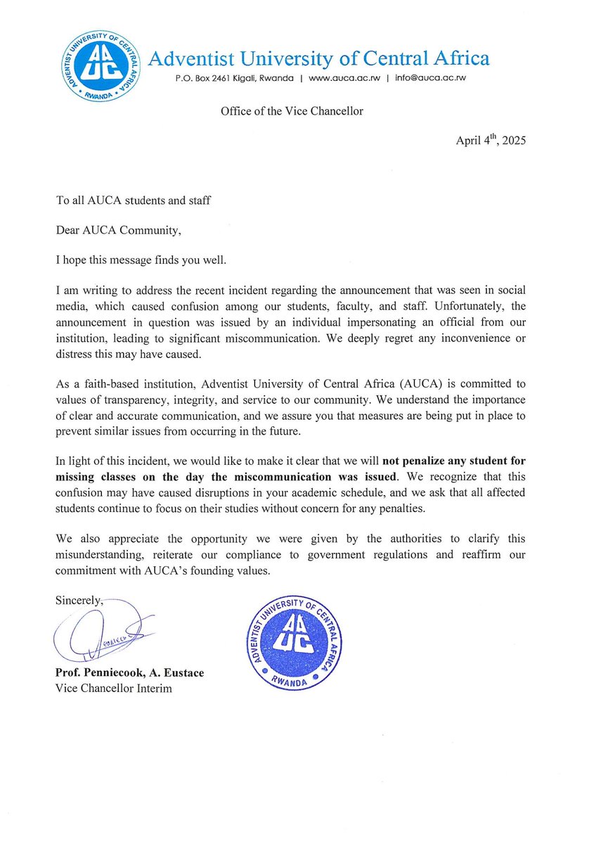 Adventist University of Central Africa (@auca_rwanda) on Twitter photo To all <a href="/AUCA_Rwanda/">Adventist University of Central Africa</a> students, staff and partners. Please receive the notice from our Vice Chancellor. May God bless you all! To all <a href="/AUCA_Rwanda/">Adventist University of Central Africa</a> students, staff and partners. Please receive the notice from our Vice Chancellor. May God bless you all!