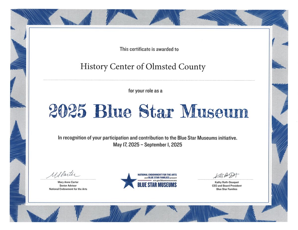 HCOC's tweet image. Calling all active duty #military! If you are looking for family fun ideas this summer, you can visit The History Center of Olmsted County for free as part of the Blue Star Museums program. #HCOC is continuing a tradition of empowering families of those that serve.