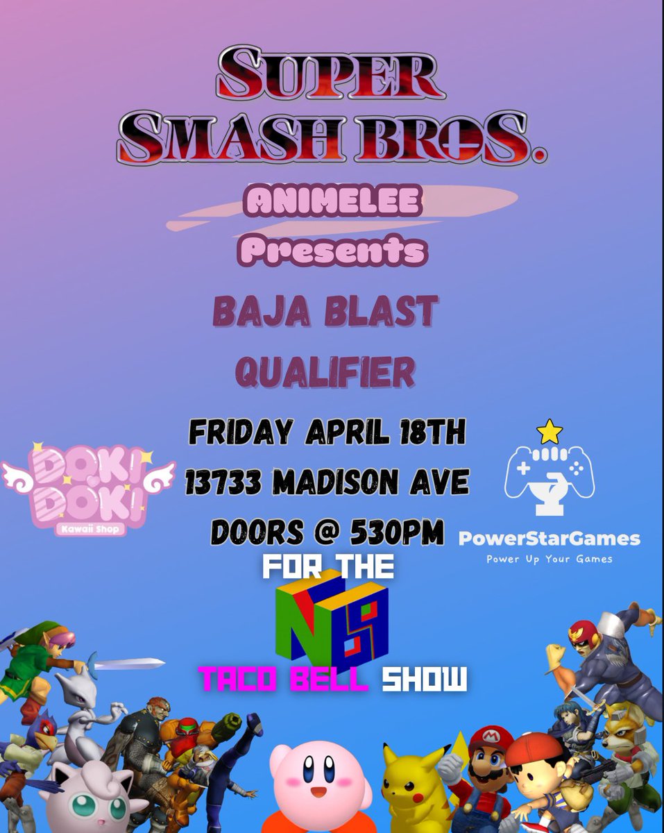 Super Smash Bros. Melee Tournament – April 18th
Qualifier for The Cleveland Baja Blast Quatro Taco Bell Show
Wanna compete at Taco Bell? Top 16 players from this event compete at Baja Blast 4.
Pot Bonuses:
    •    $50 at the April 18th qualifier
    •    $200 at Baja Blast 4