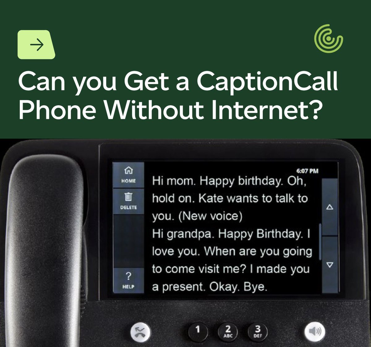 Read what your callers say in real-time — even without home internet service. Learn how.

sorenson.com/blog/captionca… 

#CaptionCall #ClosedCaptions #HearingLoss