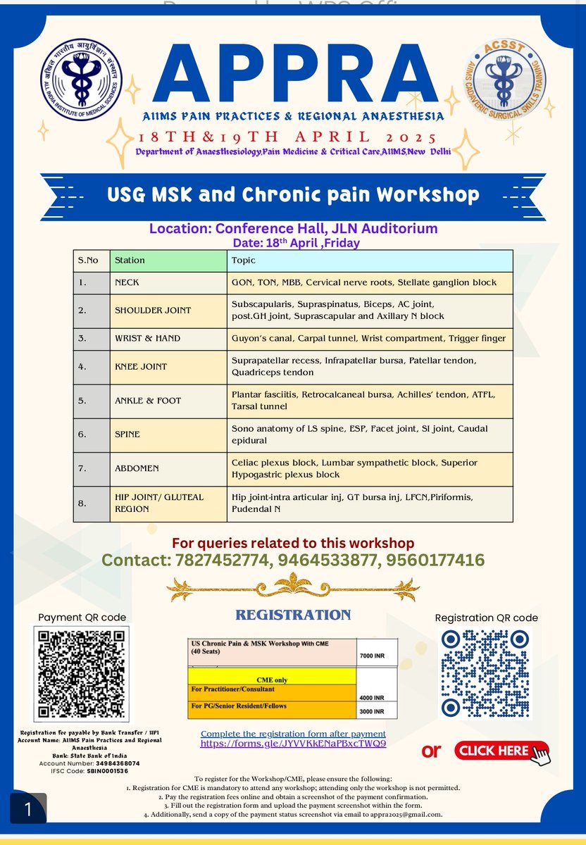 Debesh Bhoi,MBBS,MD,MNAMS, (@debeshbhoi) on Twitter photo Gearing for three Exciting workshops and CME, APPRA 2025...18th and 19th April, AIIMS,New Delhi
<a href="/aiims_newdelhi/">AIIMS, New Delhi 🇮🇳</a> <a href="/AFSRA10/">AFSRA</a> <a href="/ASRA_Society/">ASRA Pain Medicine</a> <a href="/ESRA_Society/">ESRA | European Society of Regional Anaesthesia</a> <a href="/AFSRA10/">AFSRA</a> <a href="/AoraIndia/">AORA India</a> <a href="/athmathottungal/">Athmaja Thottungal</a> <a href="/drpainphysician/">VARUN SINGLA MD PDCC</a> <a href="/DrDiveshArora/">Divesh Arora</a> <a href="/dramritar/">Amrita Rath (MD, DNB, PDCC, EDAIC, FCAI, EDRA)</a> <a href="/nehapadhi/">Neha Padhi MD</a> <a href="/tsmurali/">Murali Thondebhavi</a> <a href="/DrRajSahoo/">Dr Rajendra Sahoo</a> <a href="/drsaijanani/">sai janani</a> Gearing for three Exciting workshops and CME, APPRA 2025...18th and 19th April, AIIMS,New Delhi
<a href="/aiims_newdelhi/">AIIMS, New Delhi 🇮🇳</a> <a href="/AFSRA10/">AFSRA</a> <a href="/ASRA_Society/">ASRA Pain Medicine</a> <a href="/ESRA_Society/">ESRA | European Society of Regional Anaesthesia</a> <a href="/AFSRA10/">AFSRA</a> <a href="/AoraIndia/">AORA India</a> <a href="/athmathottungal/">Athmaja Thottungal</a> <a href="/drpainphysician/">VARUN SINGLA MD PDCC</a> <a href="/DrDiveshArora/">Divesh Arora</a> <a href="/dramritar/">Amrita Rath (MD, DNB, PDCC, EDAIC, FCAI, EDRA)</a> <a href="/nehapadhi/">Neha Padhi MD</a> <a href="/tsmurali/">Murali Thondebhavi</a> <a href="/DrRajSahoo/">Dr Rajendra Sahoo</a> <a href="/drsaijanani/">sai janani</a>