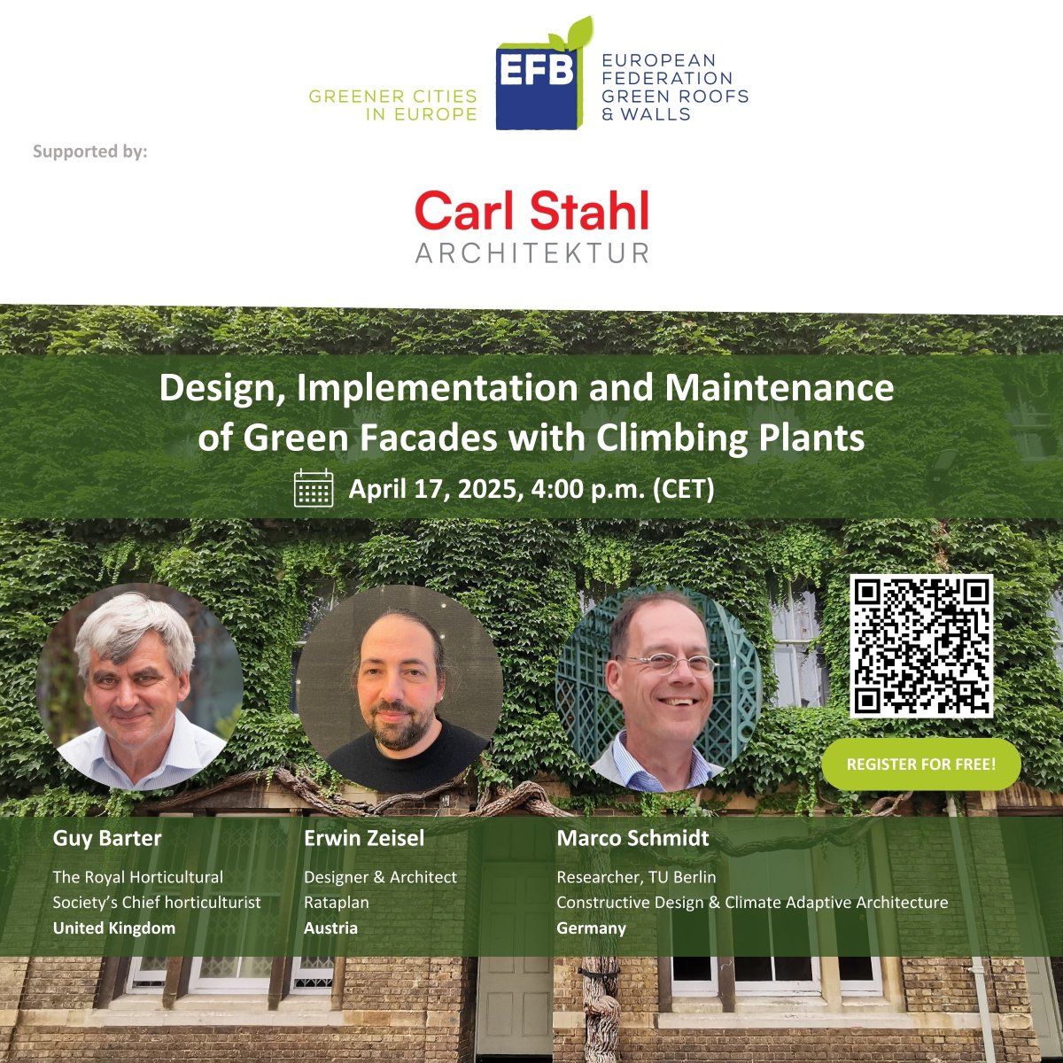 Join Us for the EFB Webinar: “Design, Implementation, and Maintenance of Green Facades with Climbing Plants” 🌼
📅 Date: 17th April 2025
🕓 Time: 4:00 p.m. (CET)
🎁Free for participants
🤝Sponsored by: Carl Stahl ARC GmbH. 
🔗Register here:  naturebasedenterprise.com/networks/event…