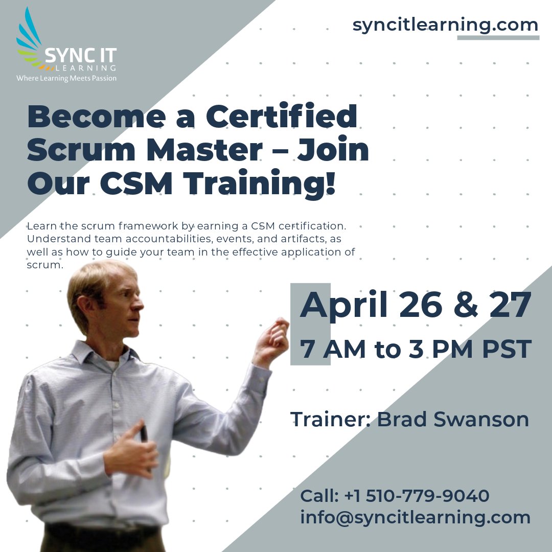 syncitlearning's tweet image. Are you ready to lead high-performing Agile teams and take your Scrum career to the next level? Join our 2-day CSM certification training and gain the skills, tools, and mindset to thrive in today’s Agile-driven world.

Call 510-779-9040

#CertifiedScrumMaster #CSMTraining
