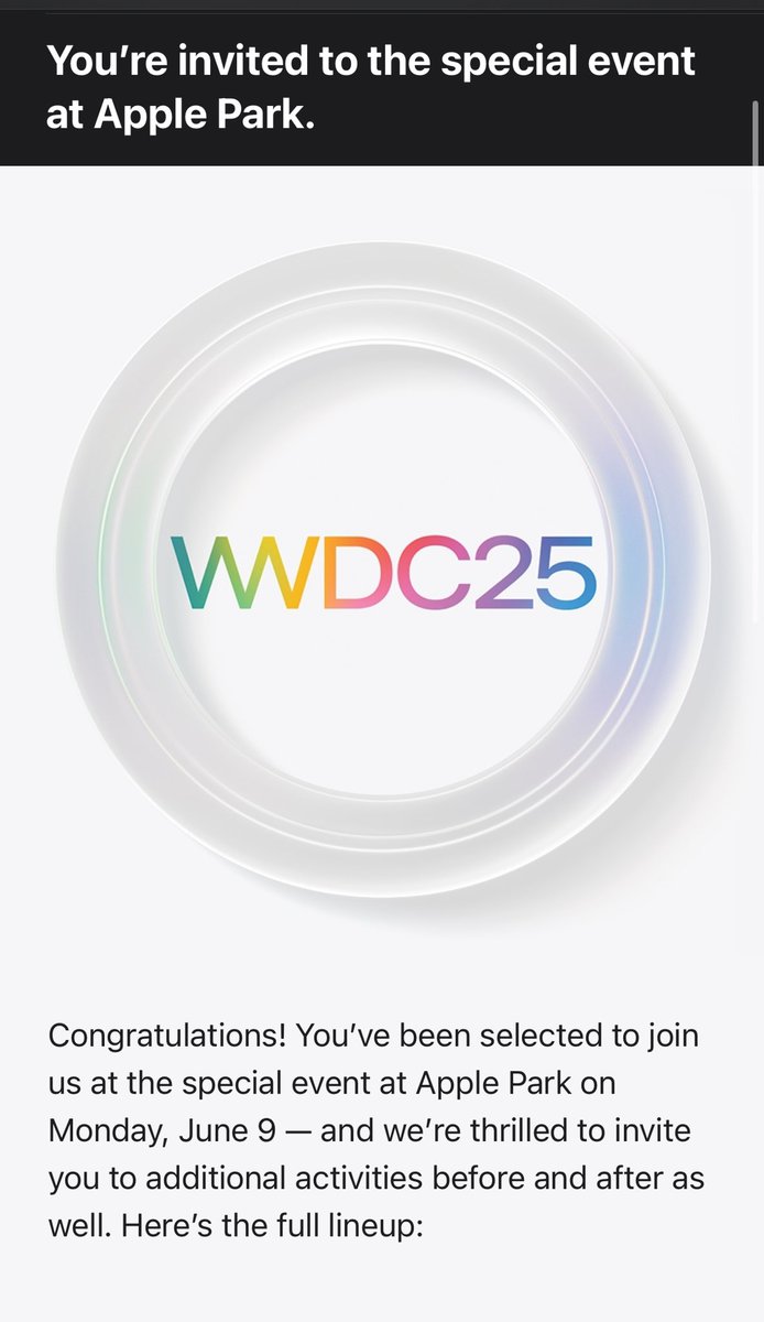 just got the email from Apple —i’m going to WWDC this year!

last time i went was 2015 (feels like a lifetime ago).

🥹 excited. who else is going?