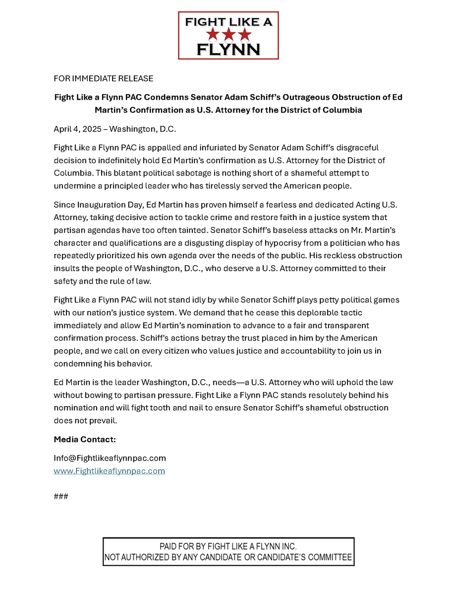 FlynnPAC (@realflynnpac) on Twitter photo 🚨FOR IMMEDIATE RELEASE: Fight Like a Flynn PAC Condemns Senator Adam Schiff’s Outrageous Obstruction of Ed Martin’s Confirmation as U.S. Attorney for the District of Columbia
Learn More: fightlikeaflynnpac.com
CC: <a href="/SenAdamSchiff/">Adam Schiff</a> 🚨FOR IMMEDIATE RELEASE: Fight Like a Flynn PAC Condemns Senator Adam Schiff’s Outrageous Obstruction of Ed Martin’s Confirmation as U.S. Attorney for the District of Columbia
Learn More: fightlikeaflynnpac.com
CC: <a href="/SenAdamSchiff/">Adam Schiff</a>