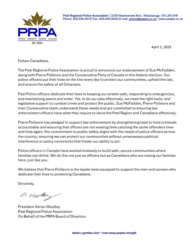 I'm proud to have this endorsement from the heroes at the Peel Regional Police Association who keep our communities safe. 

A new Conservative government will repeal catch-and-release Liberal policies, put our heroes in uniform first and restore safe streets — for a CHANGE.