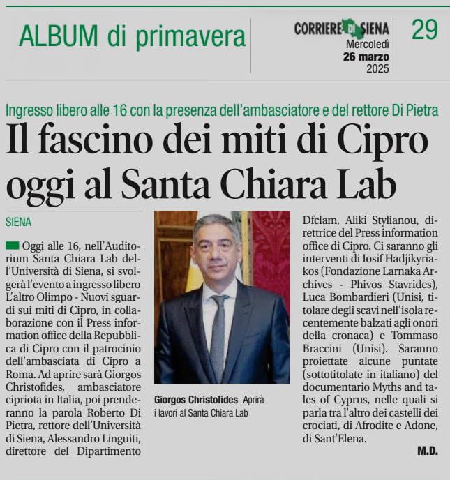 Lieti di aver patrocinato la 1ª proiezione 🇮🇹 del documentario #MythsandTalesofCyprus il 26/3 presso <a href="/unisiena/">Università di Siena</a>. Un'opportunità unica per esplorare la ricchezza del patrimonio mitologico e folkloristico 🇨🇾. Un sentito grazie al Prof. <a href="/LucaBombardier4/">Luca Bombardieri</a> per il prezioso contributo!