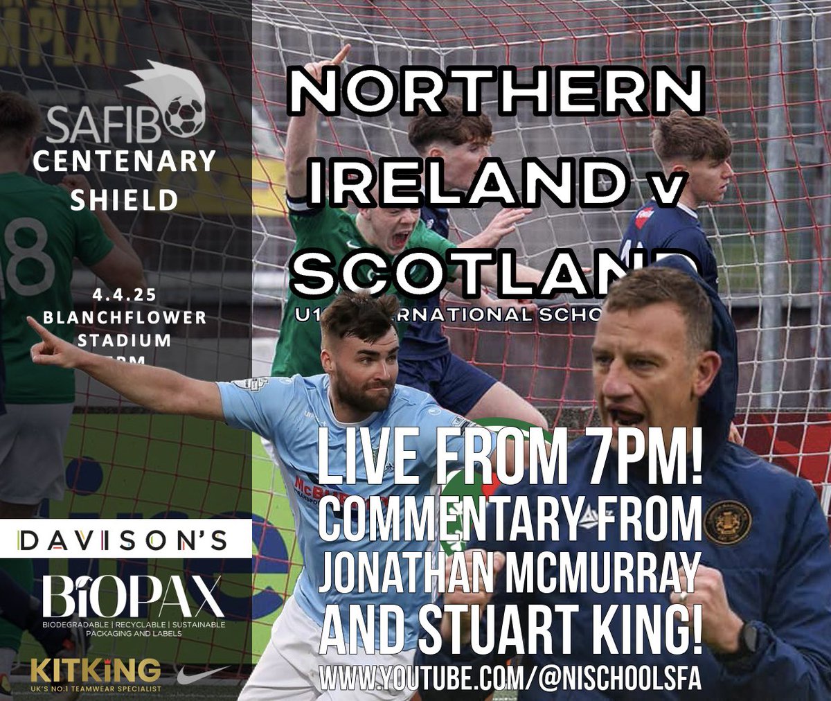 FRIDAY NIGHT FOOTBALL! 
youtube.com/@NISchoolsFA
Watch the Centenary Shield LIVE on YouTube with commentary from Jonathan McMurray &amp; Stuart King!

🔥 NI vs Scotland
📅 Friday 4th April
⏰ 7:00 PM
📍 Blanchflower Stadium