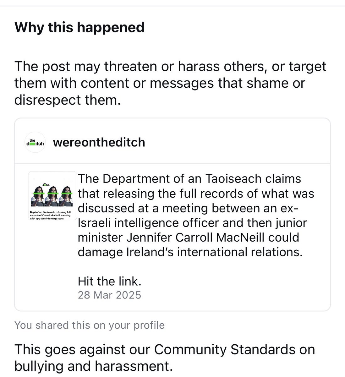wereontheditch's tweet image. 🚨FREE SPEECH KLAXON🚨 

Instagram removed our story on the Department of an Taoiseach refusing to release records of a meeting between an ex-Israeli spy and Jennifer Carroll MacNeill because it could damage Ireland’s international relations.

Full story below ⬇️