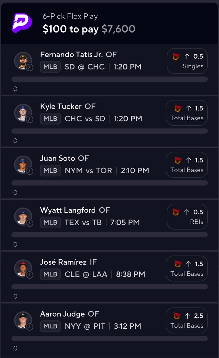 PrizePicksPapa's tweet image. Flex Friday demon lotto 👹 🎟️ ⚾️

Probably not hitting, but if it does..💰

Flex for 76X or power for 131X! 

Good luck 🍀 

prizepicks.onelink.me/gCQS/shareEntr…

#PrizePicks #PapasPicks #PapaJawnz #GamblingX #MLB #MLBX #DemonTime